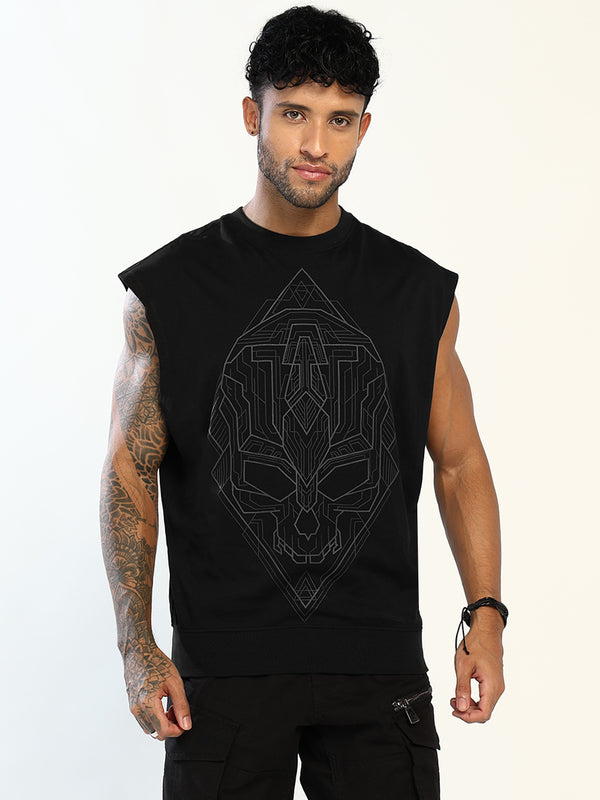 PUNK SKULL-MATRIX black sleeveless oversized T-shirt with tonal geometric skull front print