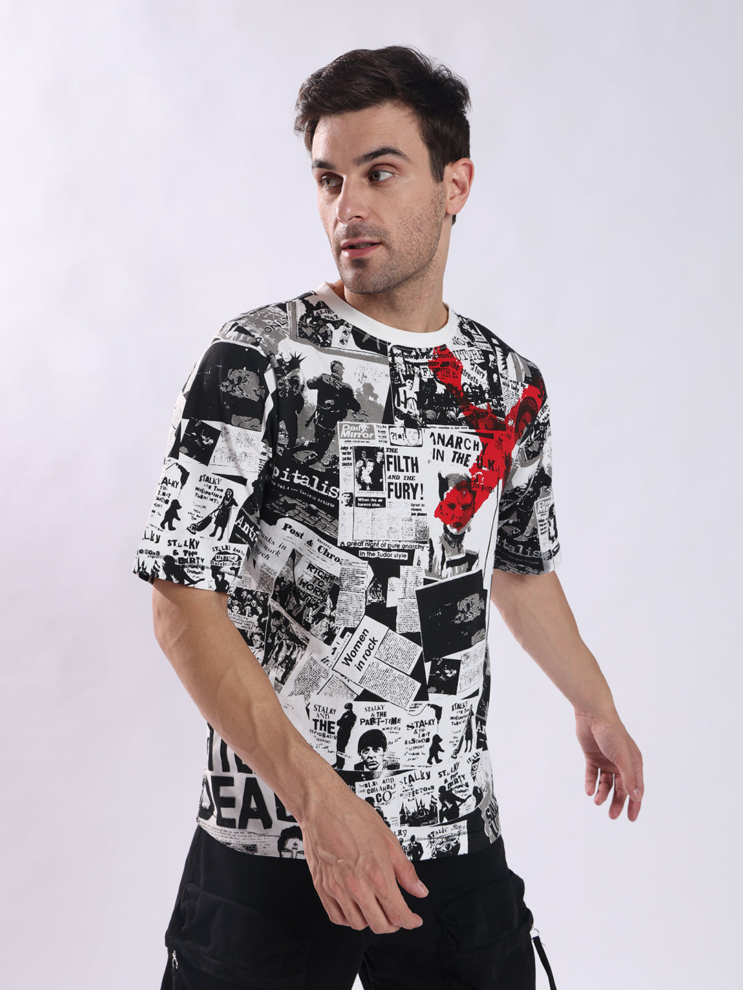 PUNK Newspaper Oversized T-Shirt for Men - White | Bold Graphic Streetwear