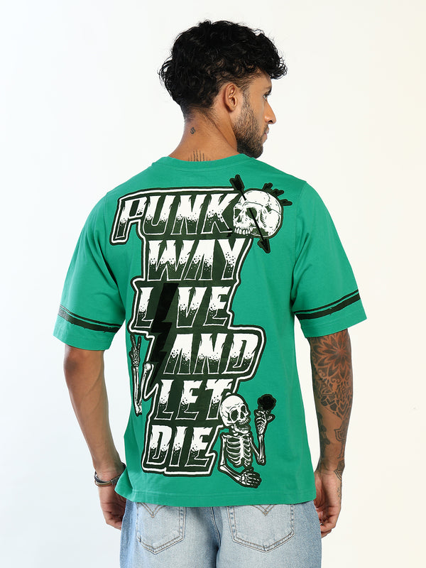 PUNK-WAY green oversized T-shirt for men with skull, skeleton and typography back print