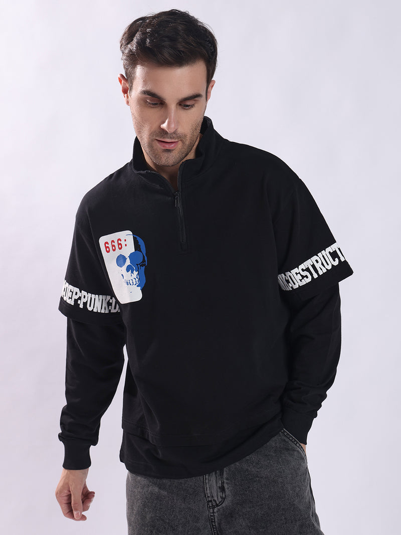 DISTRUCTION Punk Mock Collar Black Sweatshirt