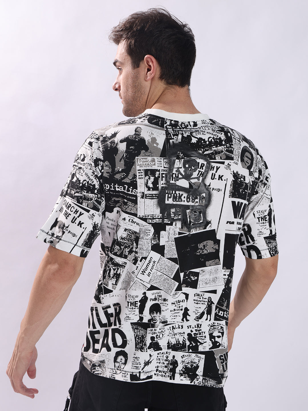 PUNK Newspaper Oversized T-Shirt for Men - White | Bold Graphic Streetwear