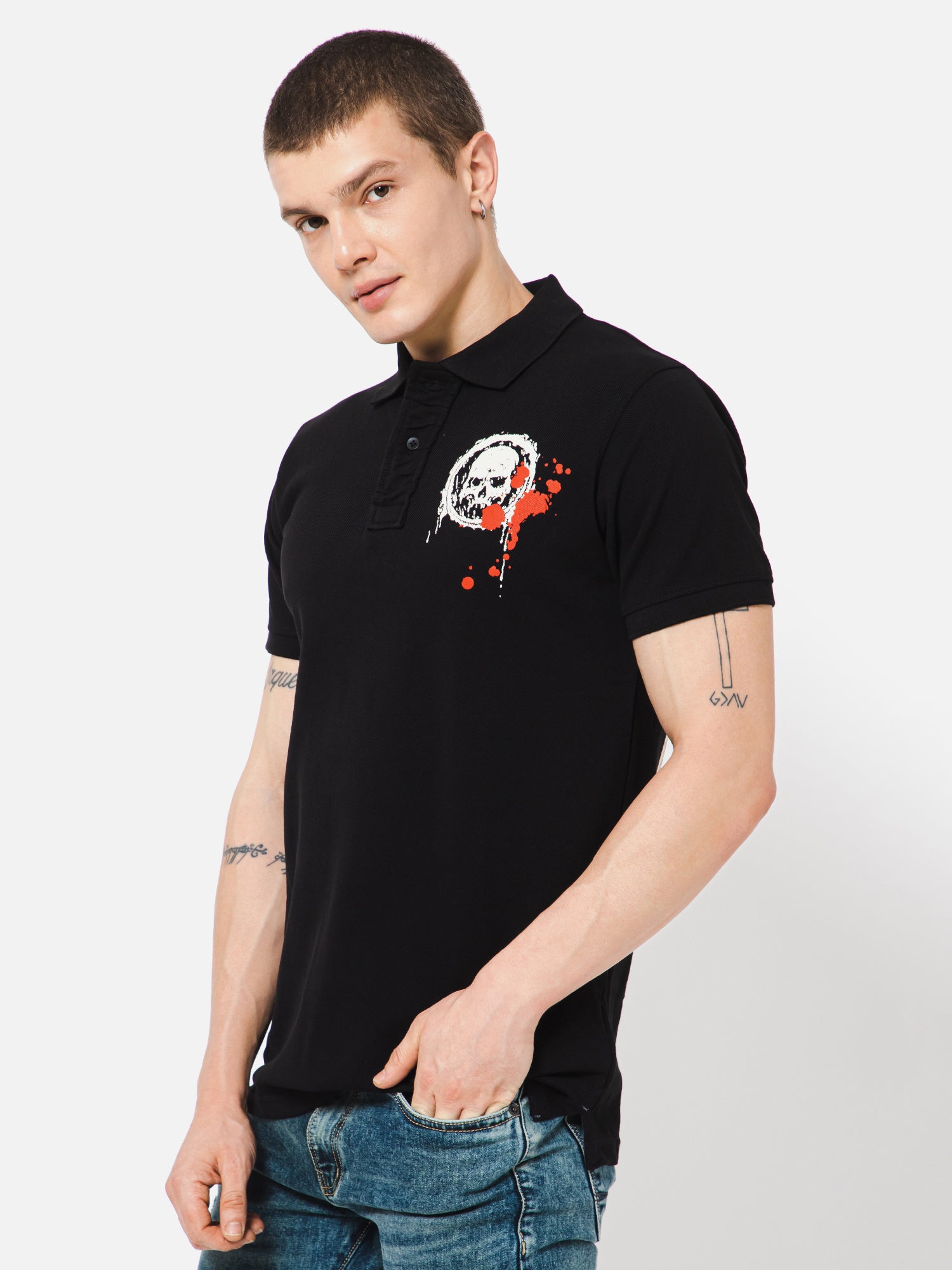 Punk Polo Collar GOTHIC Black Printed T shirt