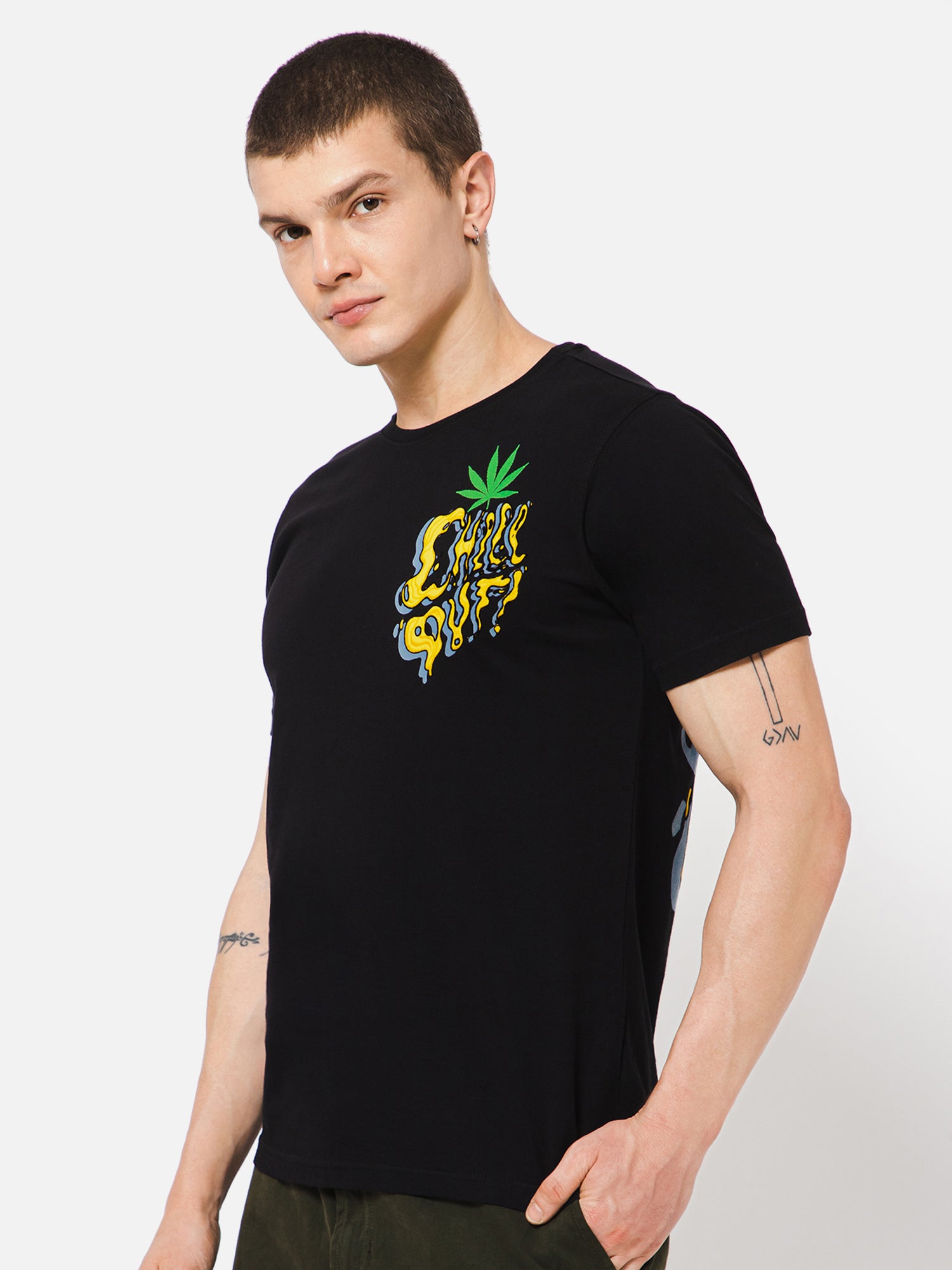Punk CHILL-OUT Black Weed Printed T shirt