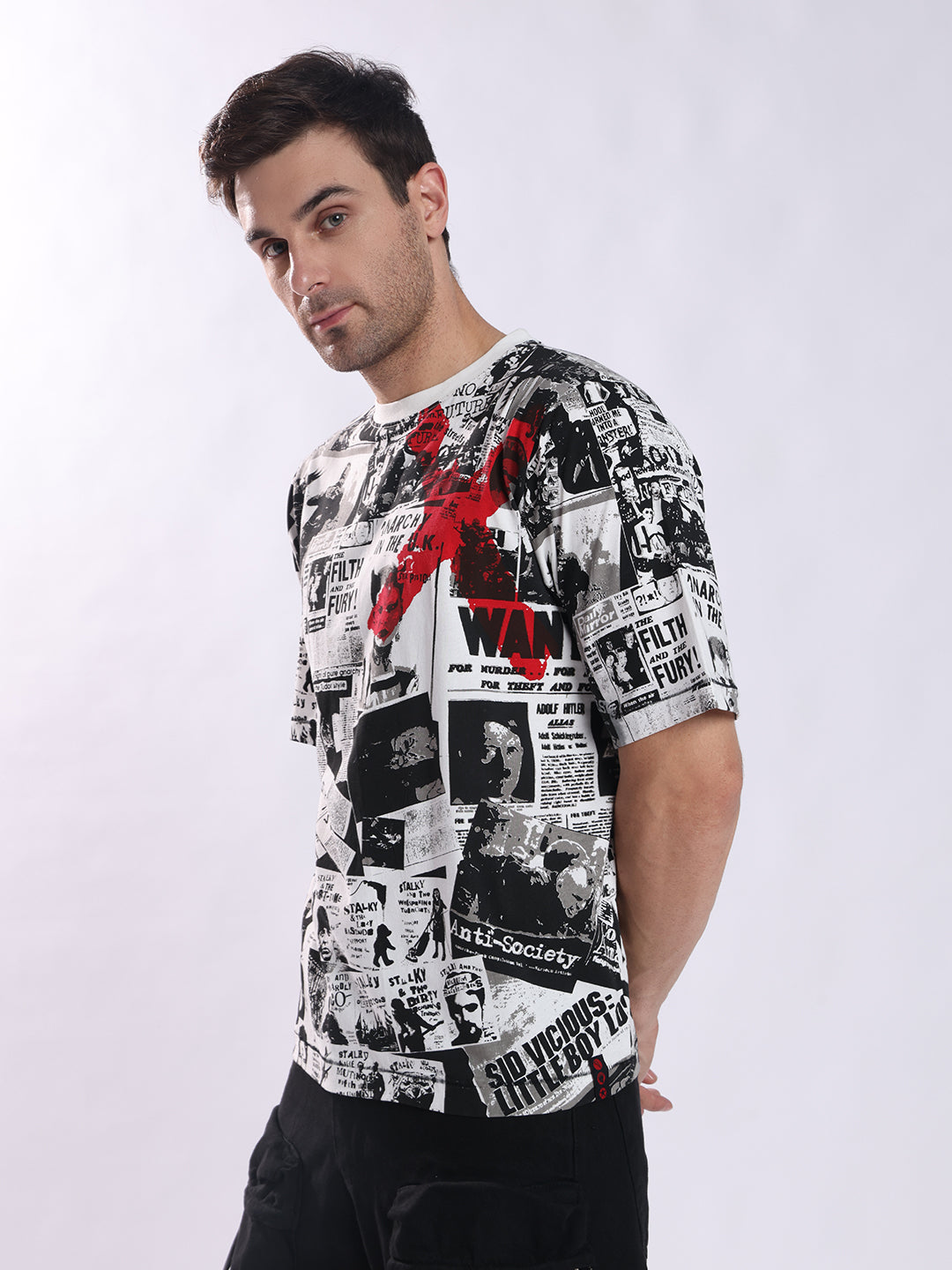 PUNK Newspaper Oversized T-Shirt for Men - White | Bold Graphic Streetwear