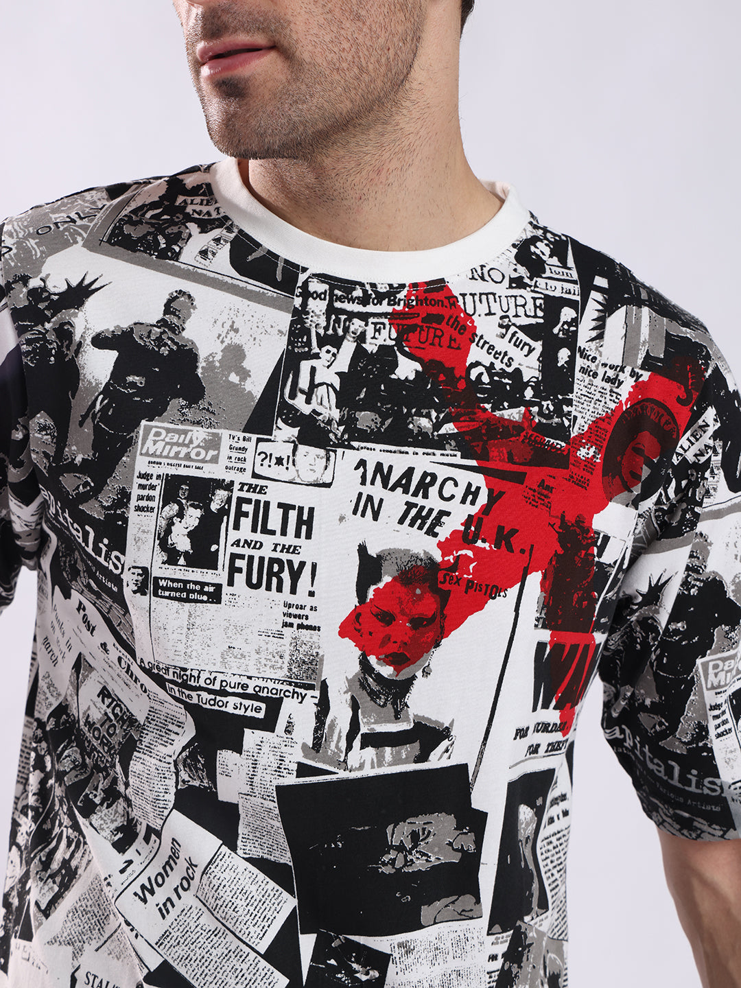 PUNK Newspaper Oversized T-Shirt for Men - White | Bold Graphic Streetwear