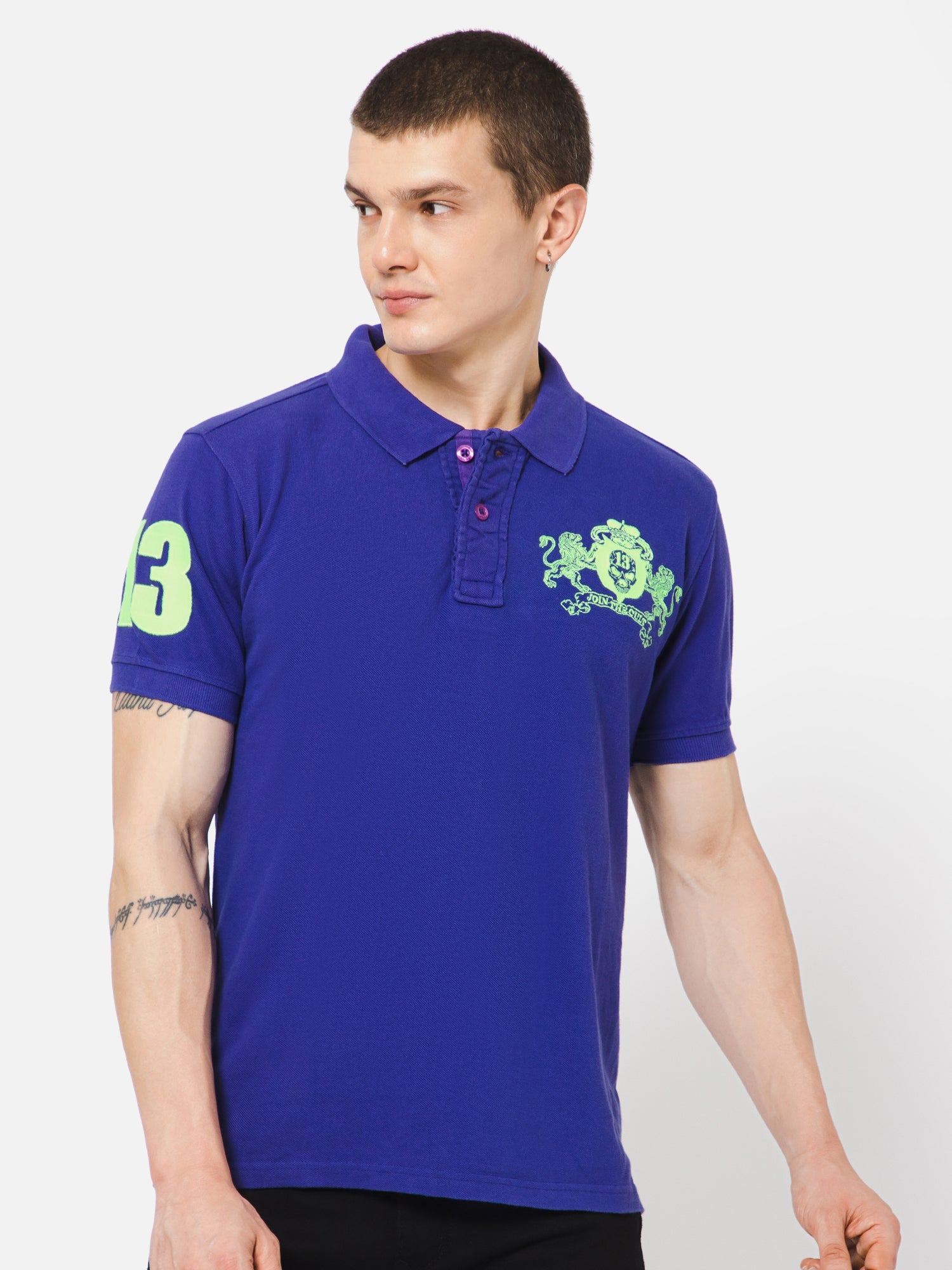 Punk No-13 Polo Collar Blue Regular Fit T-Shirt