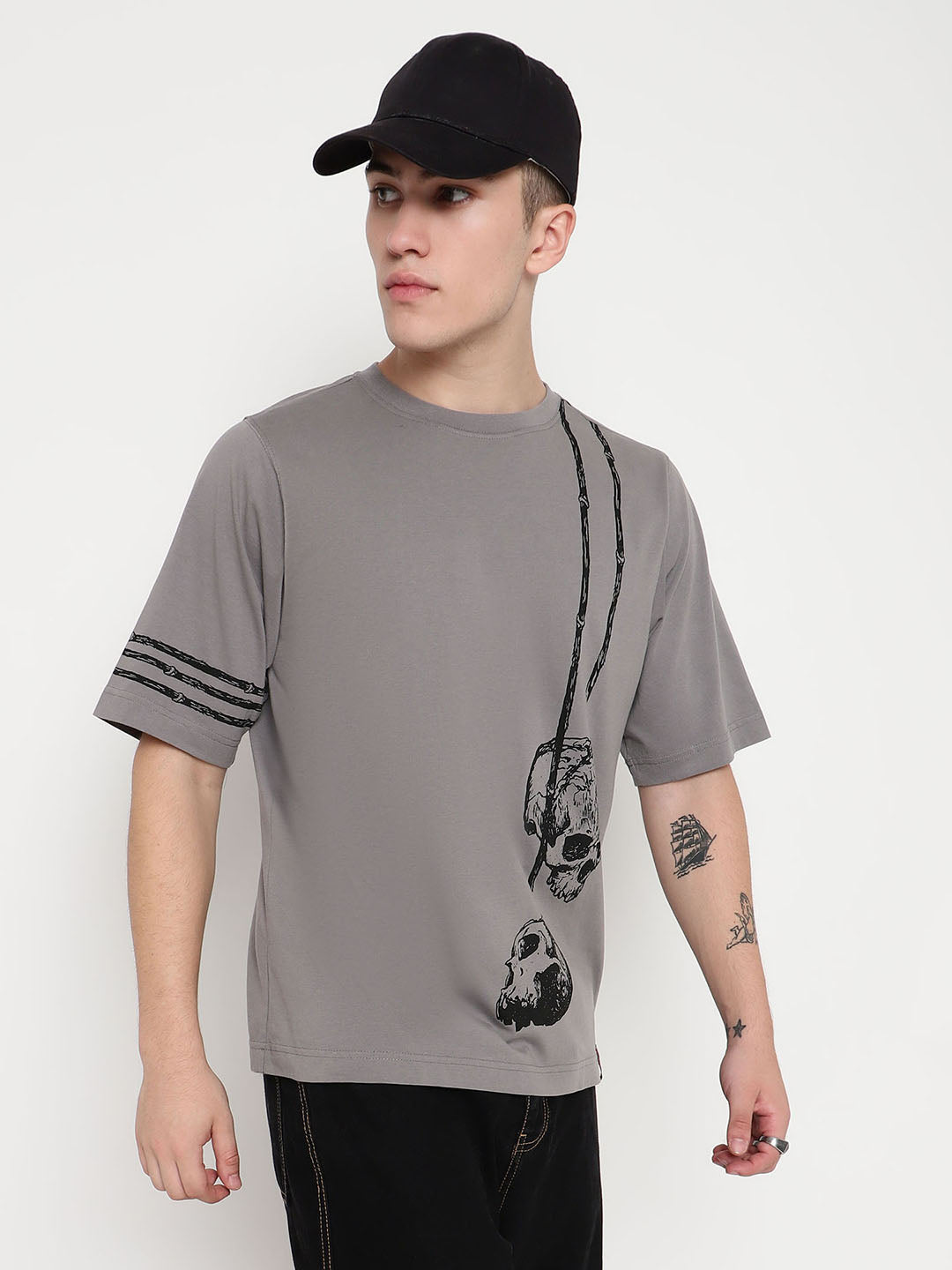 PUNK Grey HANGING-SKULL Oversized Tshirt