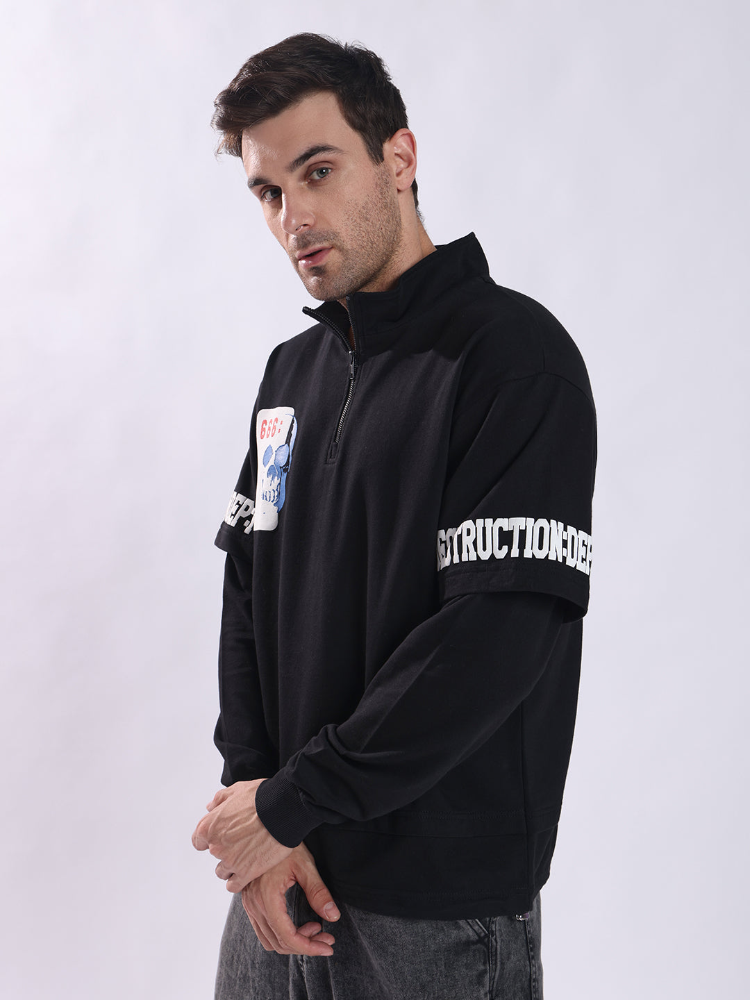 DISTRUCTION Punk Mock Collar Black Sweatshirt