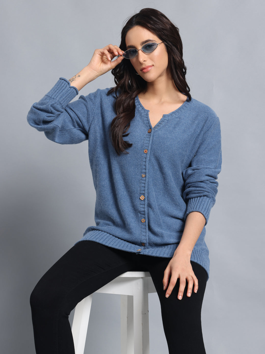 PUNK Blue Cardigan Sweater for Women – Stylish Front-Open Winterwear