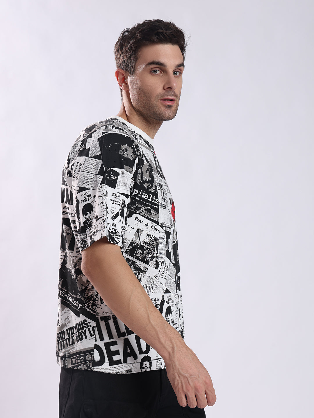 PUNK Newspaper Oversized T-Shirt for Men - White | Bold Graphic Streetwear