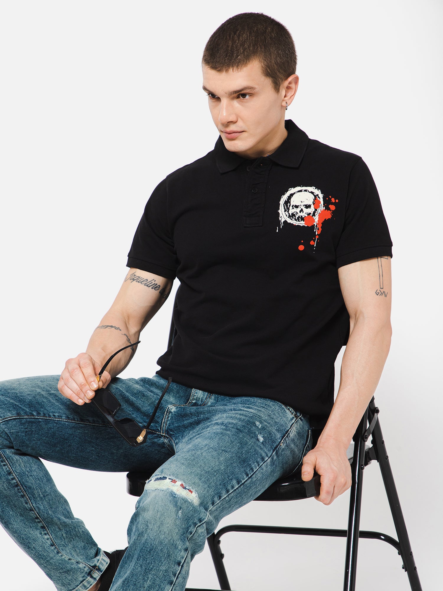 Punk Polo Collar GOTHIC Black Printed T shirt