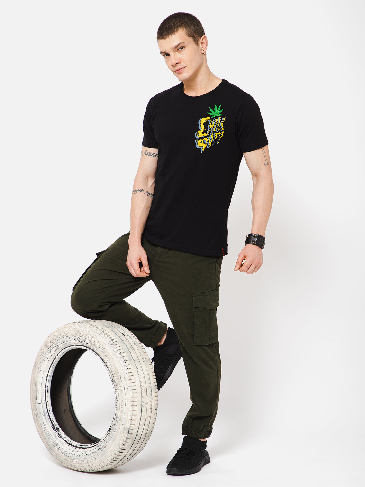 Punk CHILL-OUT Black Weed Printed T shirt